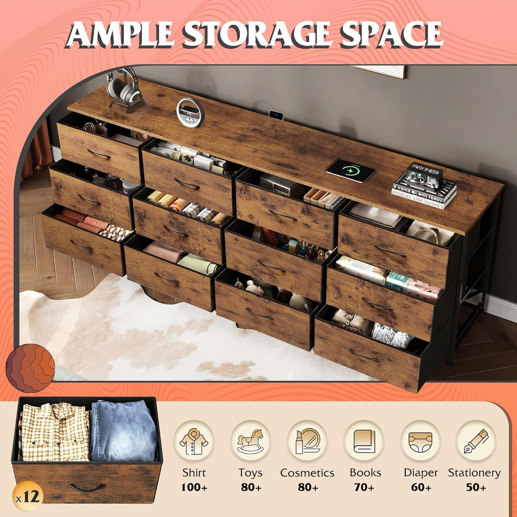 WLIVE 75.5'' Dresser for Bedroom, TV Stand for 85,80,75,65 Inch TV, 12 Drawer Long Fabric Dresser with Wood Top, Wide Entertainment Center Storage Chest for Living Room, Closet, Rustic Brown