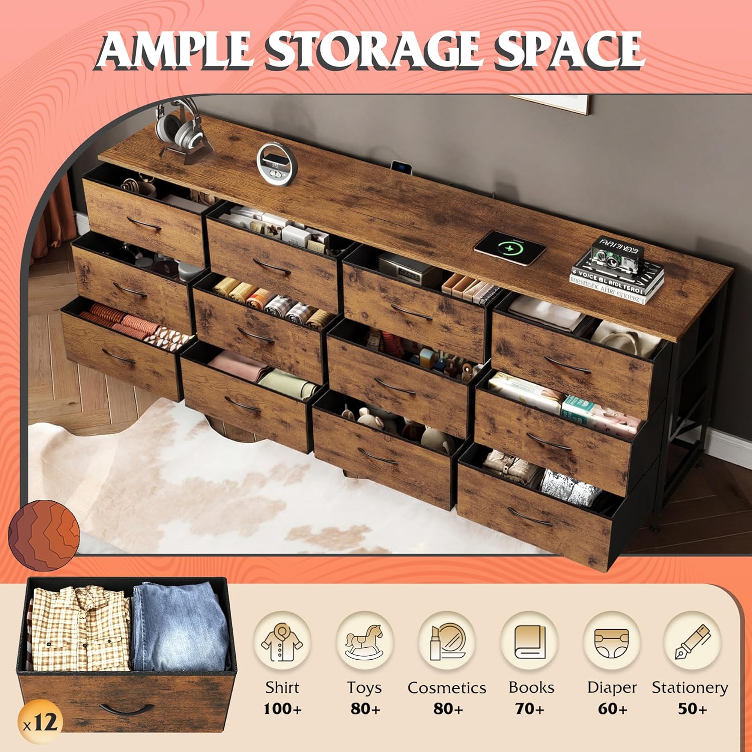 WLIVE 75.5'' Dresser for Bedroom, TV Stand for 85,80,75,65 Inch TV, 12 Drawer Long Fabric Dresser with Wood Top, Wide Entertainment Center Storage Chest for Living Room, Closet, Rustic Brown
