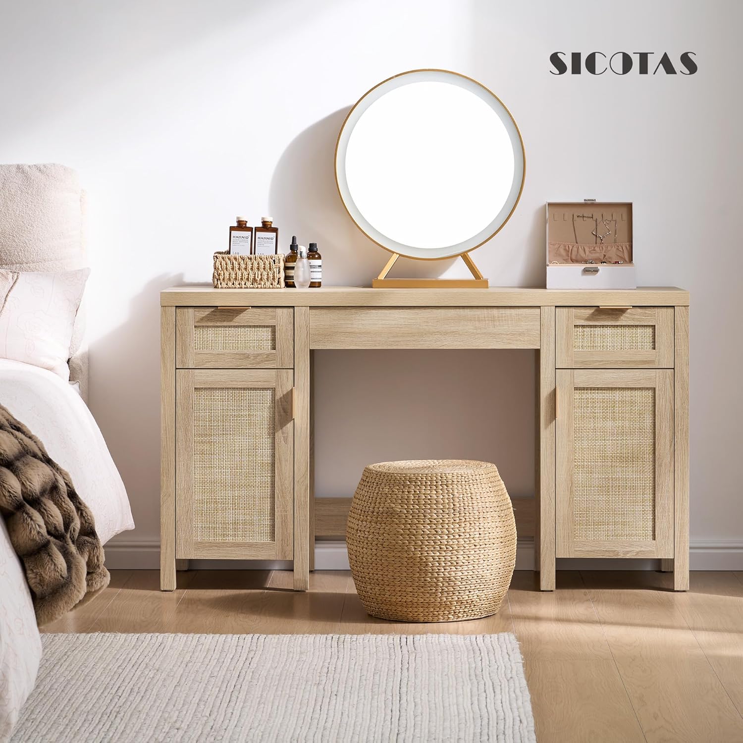 SICOTAS 52" Rattan Vanity Desk with Storage, Boho Farmhouse Makeup Dressing Table with 3 Drawers & 2 Cabinets, Wooden Home Office Desk for Bedroom, Light Oak