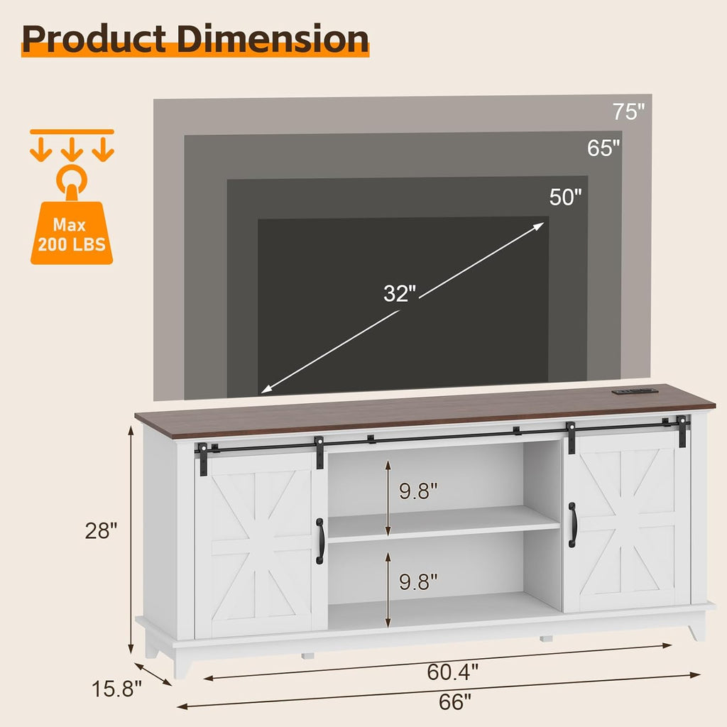 Classic Farmhouse TV Stand Cabinet for 75" Television, Home Entertainment Center with Adjustable Shelf & Sliding Barn Doors, Media TV Console Table for Living Room, 15.8D x66W x28H, Farmhouse White