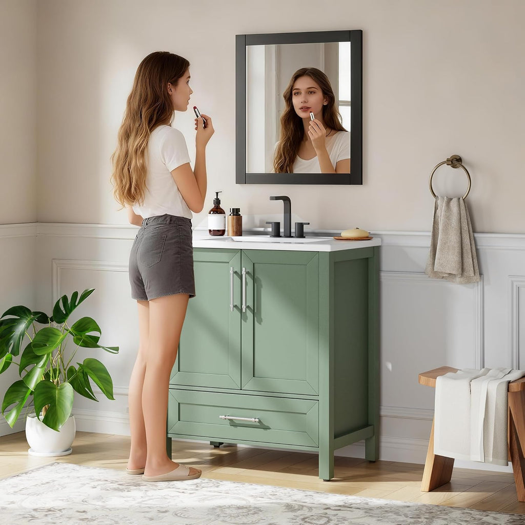 IDEALHOUSE 30" Bathroom Vanity with Sink, Freestanding Wooden Bathroom Vanity Cabinet with Soft-Closing Door and Metal Handle, Modern Floor Standing Storage for Small Spaces,Light Green