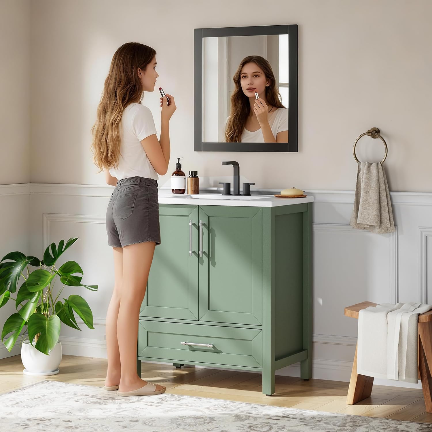 IDEALHOUSE 30" Bathroom Vanity with Sink, Freestanding Wooden Bathroom Vanity Cabinet with Soft-Closing Door and Metal Handle, Modern Floor Standing Storage for Small Spaces,Light Green