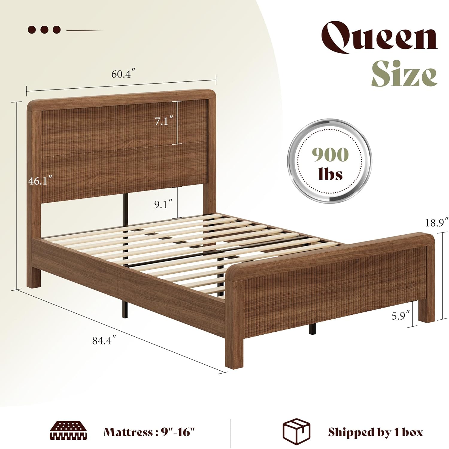 AMERLIFE Wood Queen Size Bed Frame with Headboard & Footboard, Modern Fluted Wooden Platform Bedframe with Rounded Safety Edges, Wood Slat Support, No Box Spring Needed, Easy Assembly, Walnut