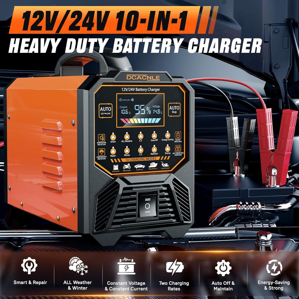 Car Battery Charger Heavy Duty,12V/24V Portable Smart Trickle Charger Battery Maintainer,Maintenance/Winter Mode,for AGM Auto Motorcycle Truck Rv Lawn Mower - for Lead Acid Batteries