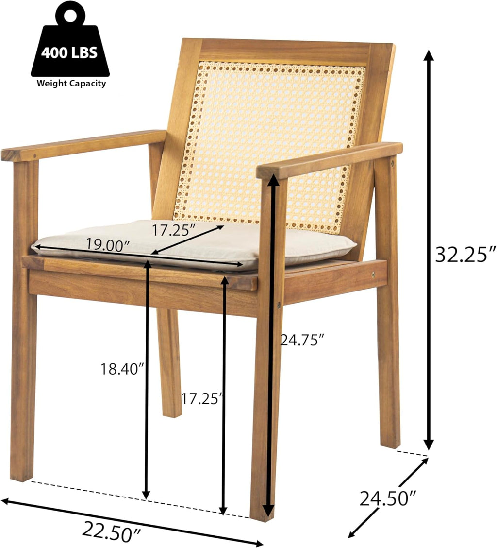 Christopher Knight Home Dessa Outdoor Dining Chairs Set of 2, Acacia Wood Dining Chair, Woven Wicker Back Accent Chairs, Breathable Armchair, Comfort Cushion Seating for Backyard Garden, Teak+Beige