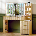51" Vanity Desk with Power Outlet, Makeup Vanity with Mirror and Lights, 3 Lighting Modes, Vanity Table with Glass Top, 5 Drawers, and Jewelry Storage,Oak