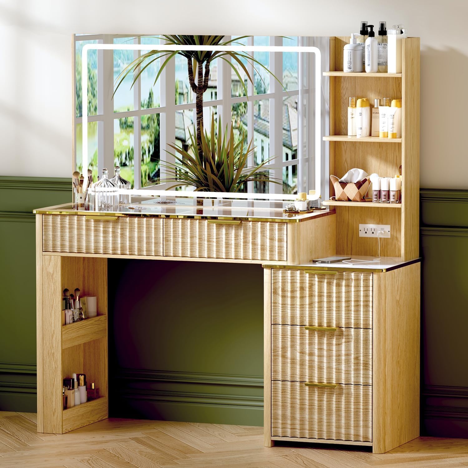 51" Vanity Desk with Power Outlet, Makeup Vanity with Mirror and Lights, 3 Lighting Modes, Vanity Table with Glass Top, 5 Drawers, and Jewelry Storage,Oak