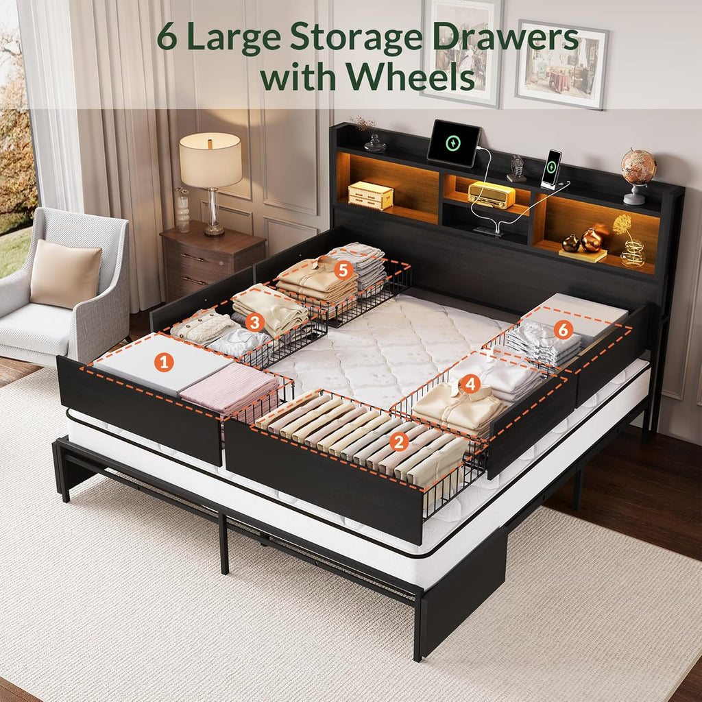LARMACE Queen Size Bed Frame with 6 Storage Drawers and Headboard Wooden Platform Bed Frame with LED Lights and Charging Station Easy Assembly/No Box Spring Needed/Black
