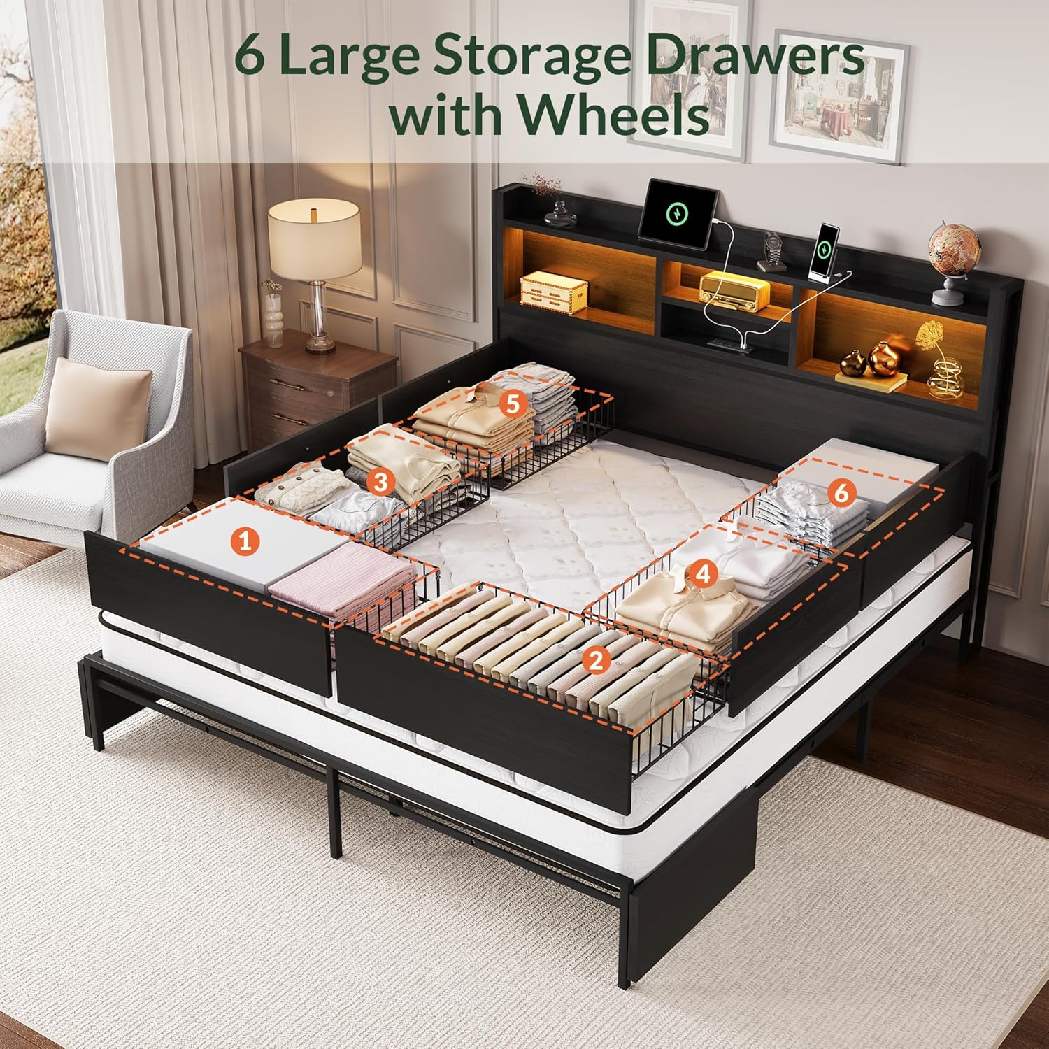 LARMACE Queen Size Bed Frame with 6 Storage Drawers and Headboard Wooden Platform Bed Frame with LED Lights and Charging Station Easy Assembly/No Box Spring Needed/Black