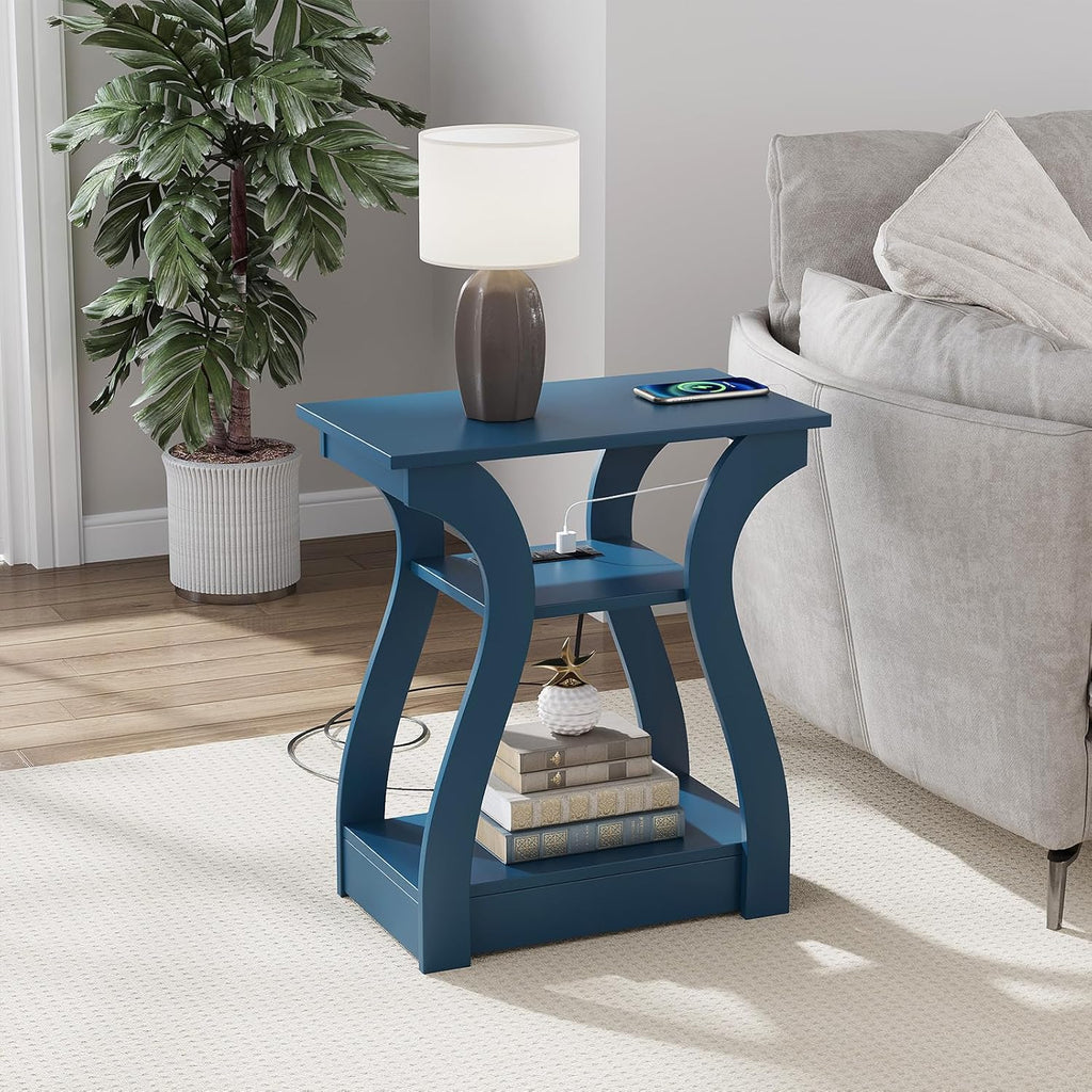 FROMJBEST End Table with Charging Station, Side Table with USB Ports and Outlets, Nightstand, 3 Tier End Table with Storage Shelf for Living Room, Bedroom, Navy Blue, Set of 2