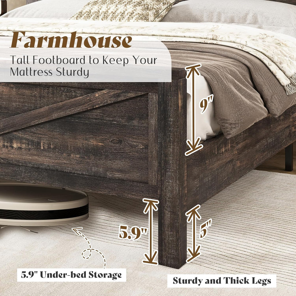 AMERLIFE Farmhouse Queen Bed Frame with Storage Headboard & Charging Station, Rustic Wood Platform Bed with Barn Door Bookcase, No Box Spring Needed, Dark Oak Bedroom Furniture