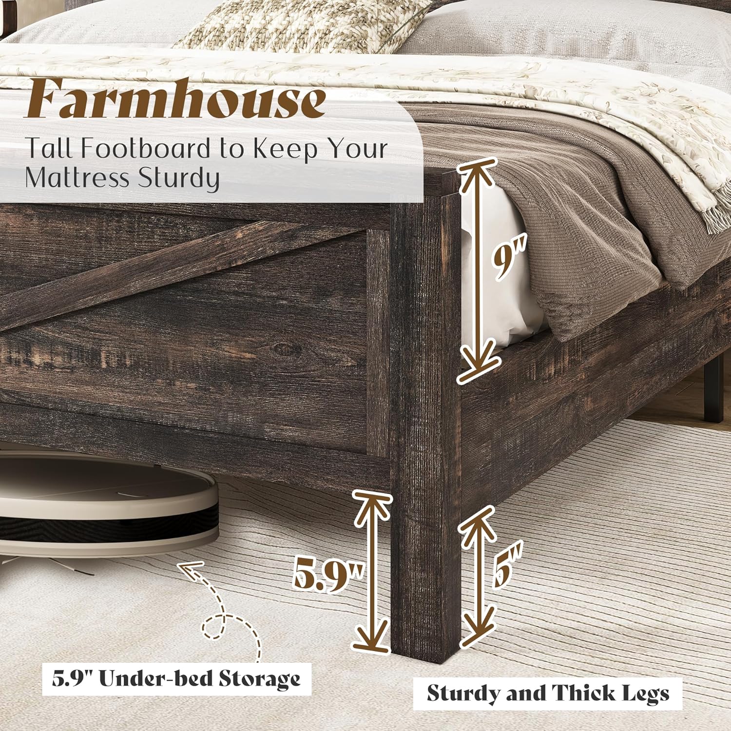 AMERLIFE Farmhouse Queen Bed Frame with Storage Headboard & Charging Station, Rustic Wood Platform Bed with Barn Door Bookcase, No Box Spring Needed, Dark Oak Bedroom Furniture