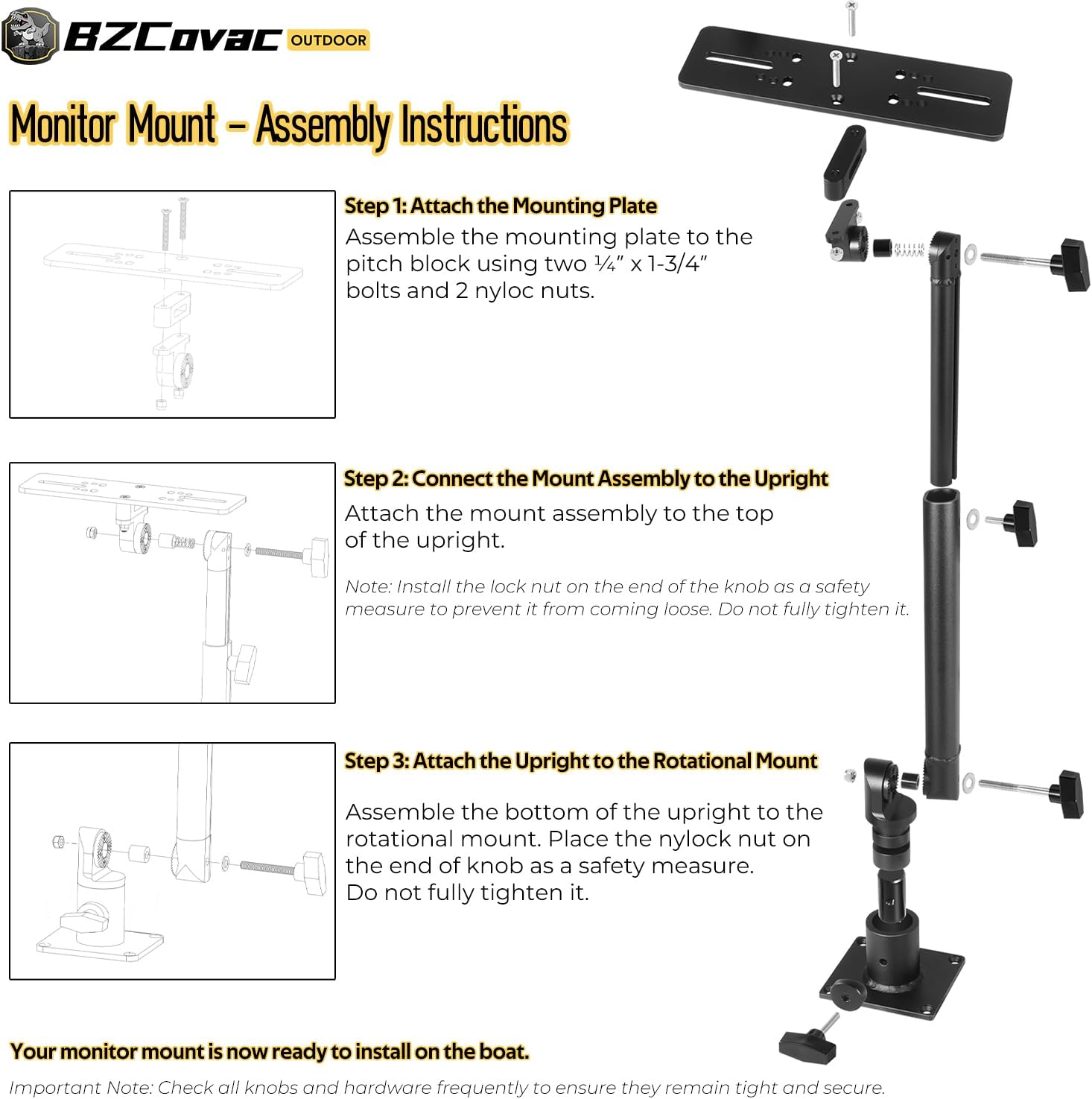 Marine Electronic Mount, Fish Finder Bracket, Anodized Aluminum Monitor Mount with 350° Swivel, Adjustable Height, Easy to Install, Mounting Plate Fits Most Monitors