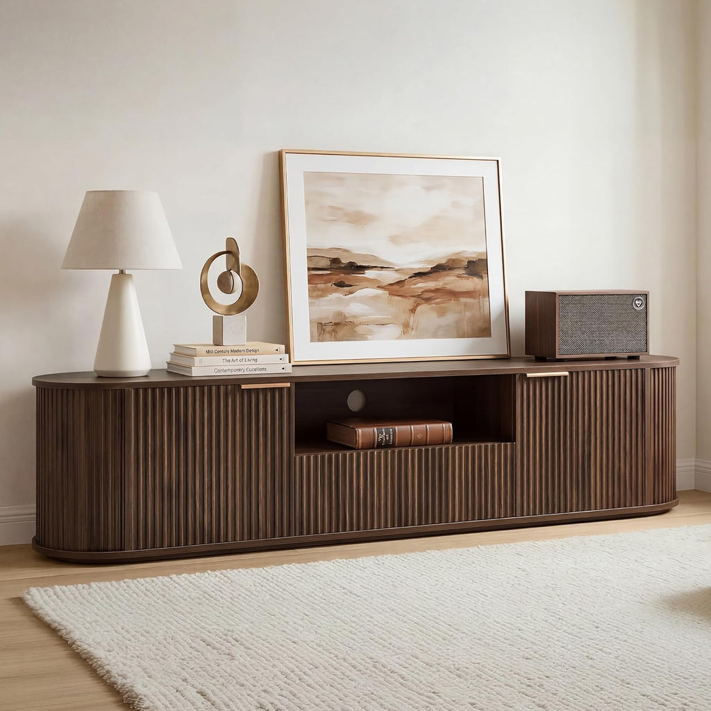 CHITA 70" Fluted TV Stands for Living Room for TVs Up to 80", Mid Century Modern Entertainment Center with Drawers, TV Console for Living Room with Storage and Adjustable Shelves, Walnut