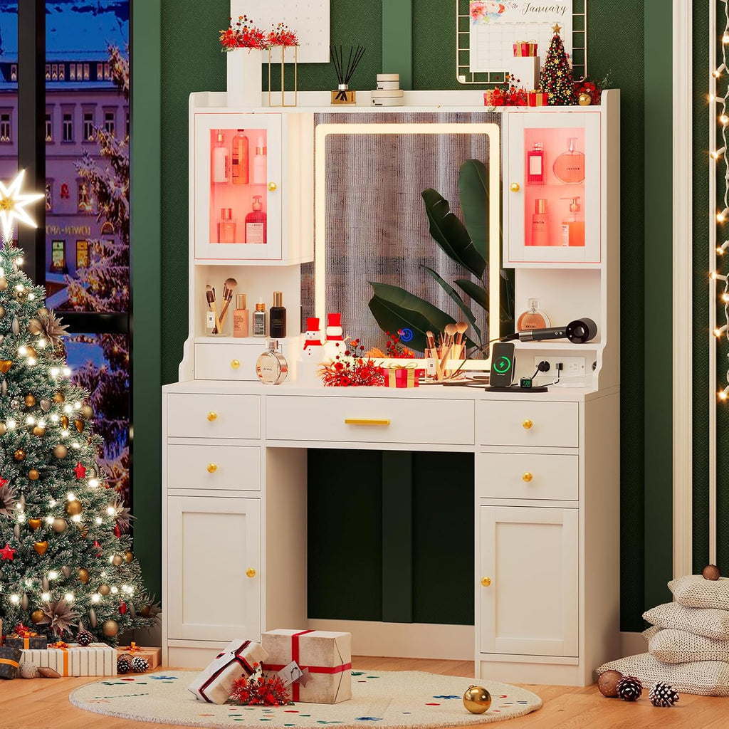 White Makeup Vanity Desk with Mirror and Lights, Large Vanity Table Set with Charging Station, Dressing Table with RGB Cabinets, Makeup Vanity Mirror with Light Desk and Drawers, 3 LED Light Modes