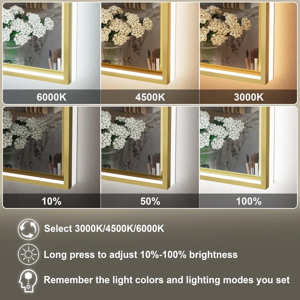 20x28 Inch Gold LED Mirror for Bathroom with Frontlit and Backlit, Adjustable 3000K/4500K/6000K, Wall Mounted Lighted Bathroom Vanity Mirror, Stepless Dimmable, Anti-Fog, Memory Function