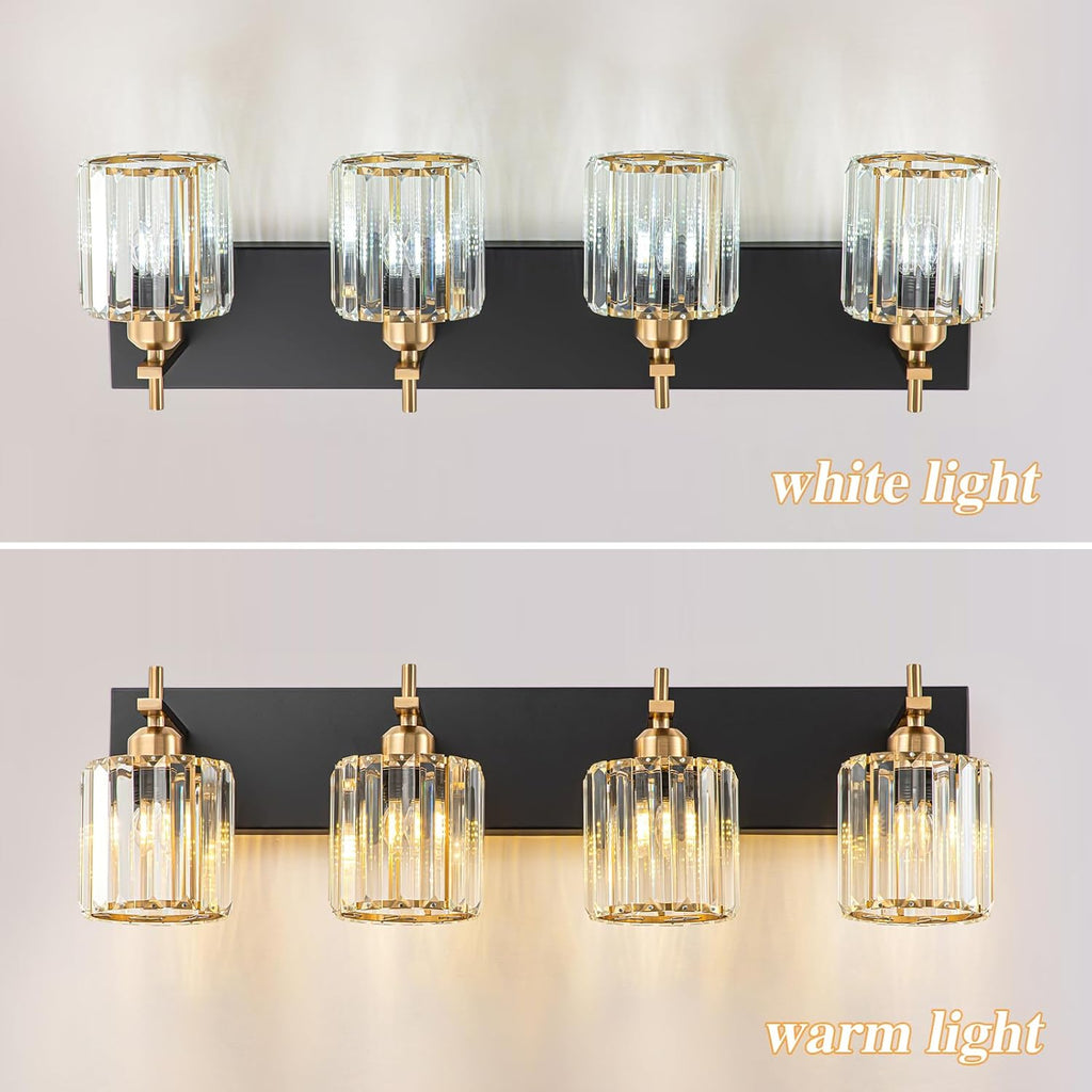 Black Gold Crystal Bathroom Vanity Light, Modern 4-Lights Bathroom Light Fixtures Over Mirror, Crystal Wall Lighting with Polished Gold Finish