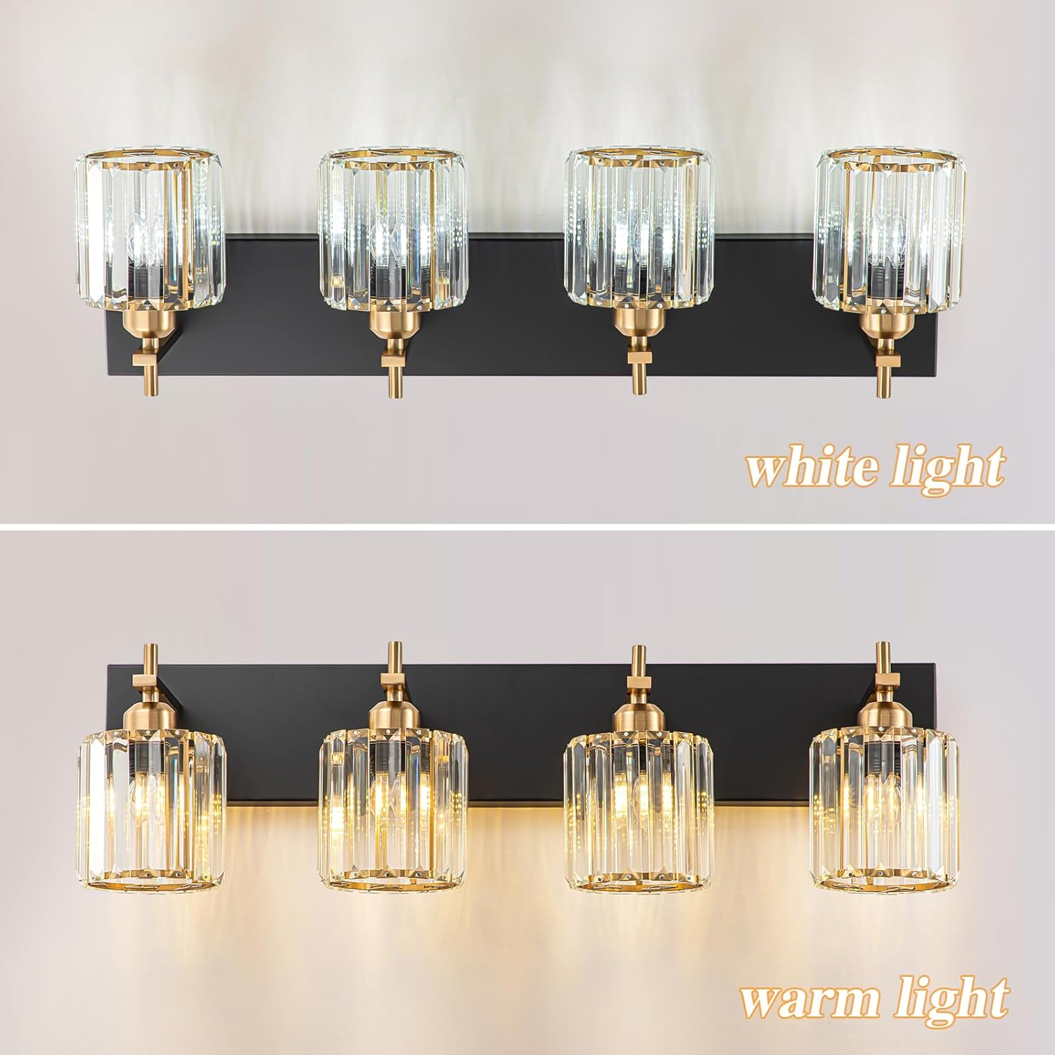 Black Gold Crystal Bathroom Vanity Light, Modern 4-Lights Bathroom Light Fixtures Over Mirror, Crystal Wall Lighting with Polished Gold Finish