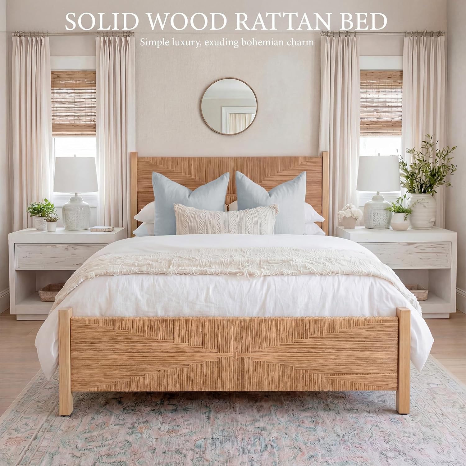 Yechen Solid Wood Rattan Queen Bed Frame with Tall Headboard and Footboard, Mid Century Modern Hand-Woven Rattan Bedframe with Vintage Pattern, Boho Wooden Bed with Metal Slats, No Box Spring Needed