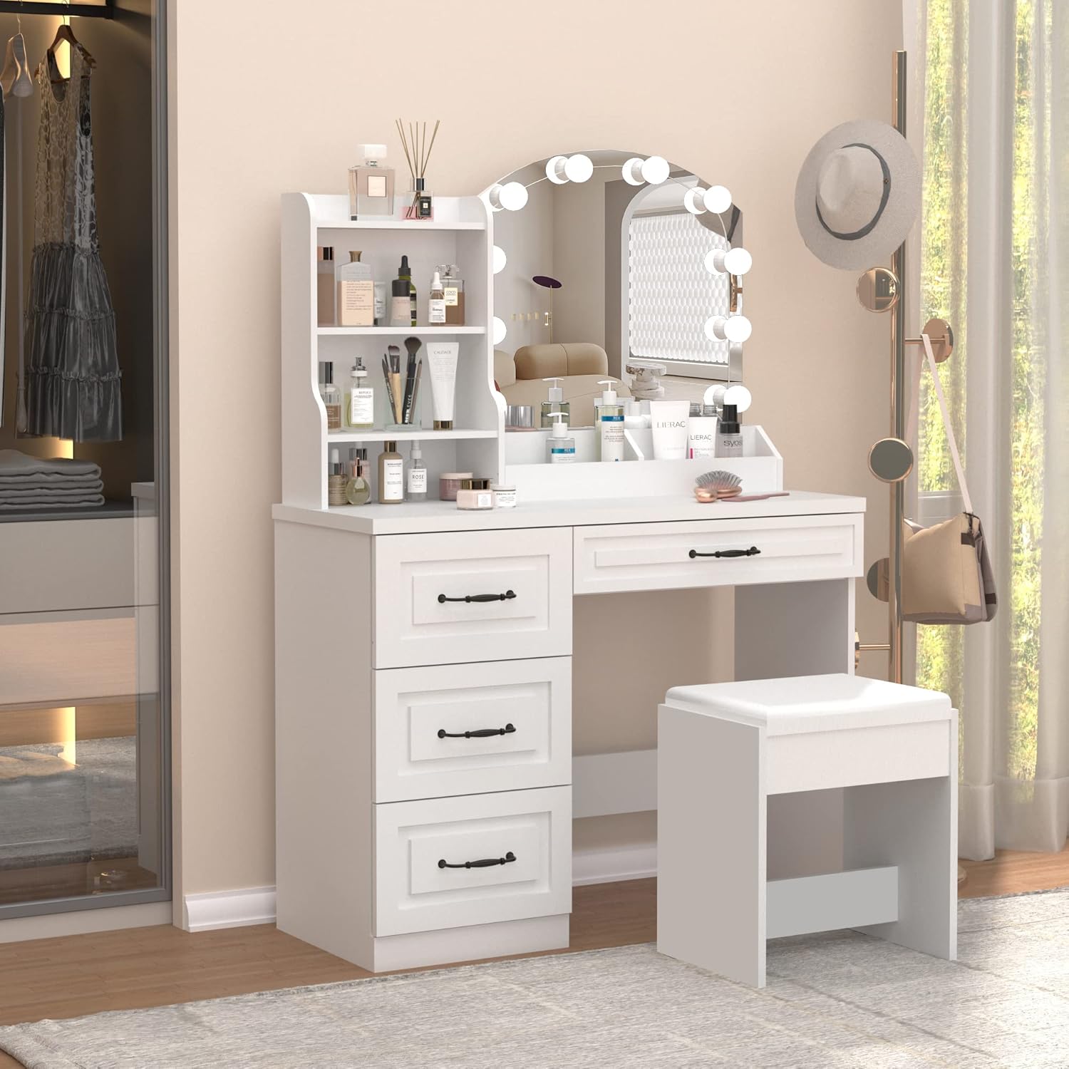 Vabches Makeup Vanity Desk with Mirror and Lights & Power Outl,White Dressing Table 3 Lighting Colors, 4 Drawers, Makeup Vanity Set for Bedroom