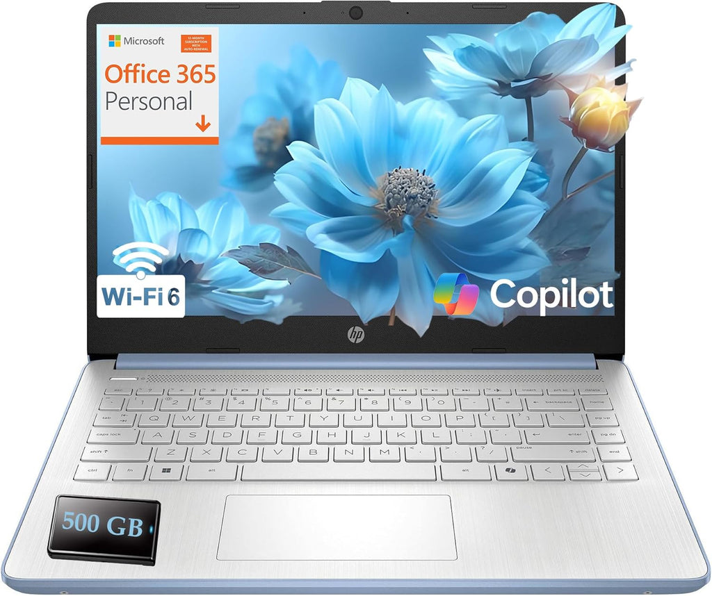 HP Laptop Computer for Students, 2026 Edition AI PC, 1 Year Office 365, Intel Processor, 16GB RAM, 128GB UFS, 500GB External HDD, Long Battery Life, Webcam, WiFi 6, Windows 11 Home S, Sky Blue