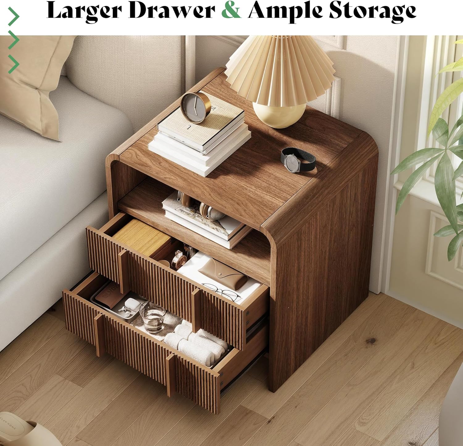 AMERLIFE 3-Piece Modern Fluted Bedroom Furniture Set, Including Wood Full Size Bed Frame with Headboard & Footboard and Storage Night Stand Set of 2, Wooden Bedframe and Nightstand Sets, Walnut