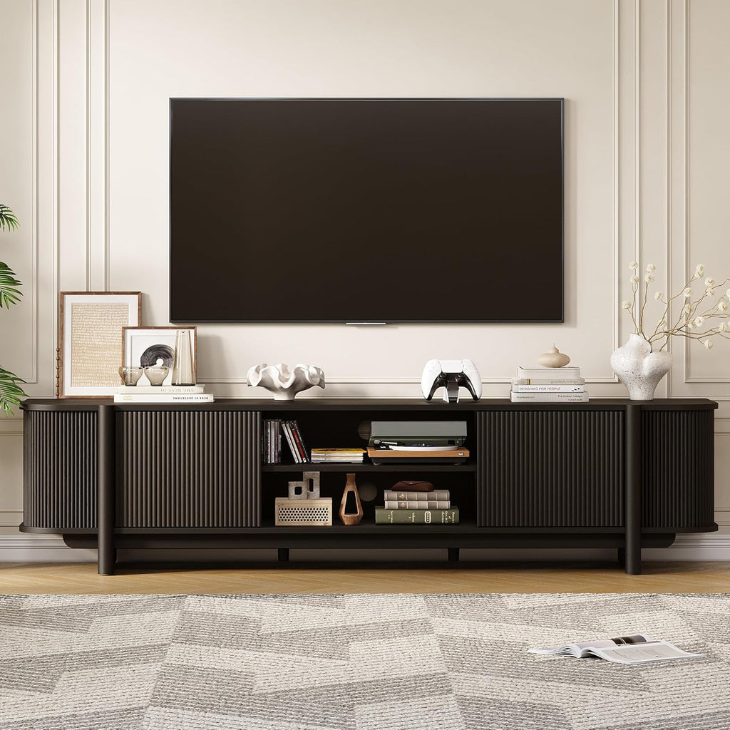 Vabches 70" Mid Century TV Stand for TVs up to 80 Inch,Fluted Entertainment Center with Storage and Adjustable Shelves,Modern Media Console Table for Living Room,Bedroom,Black