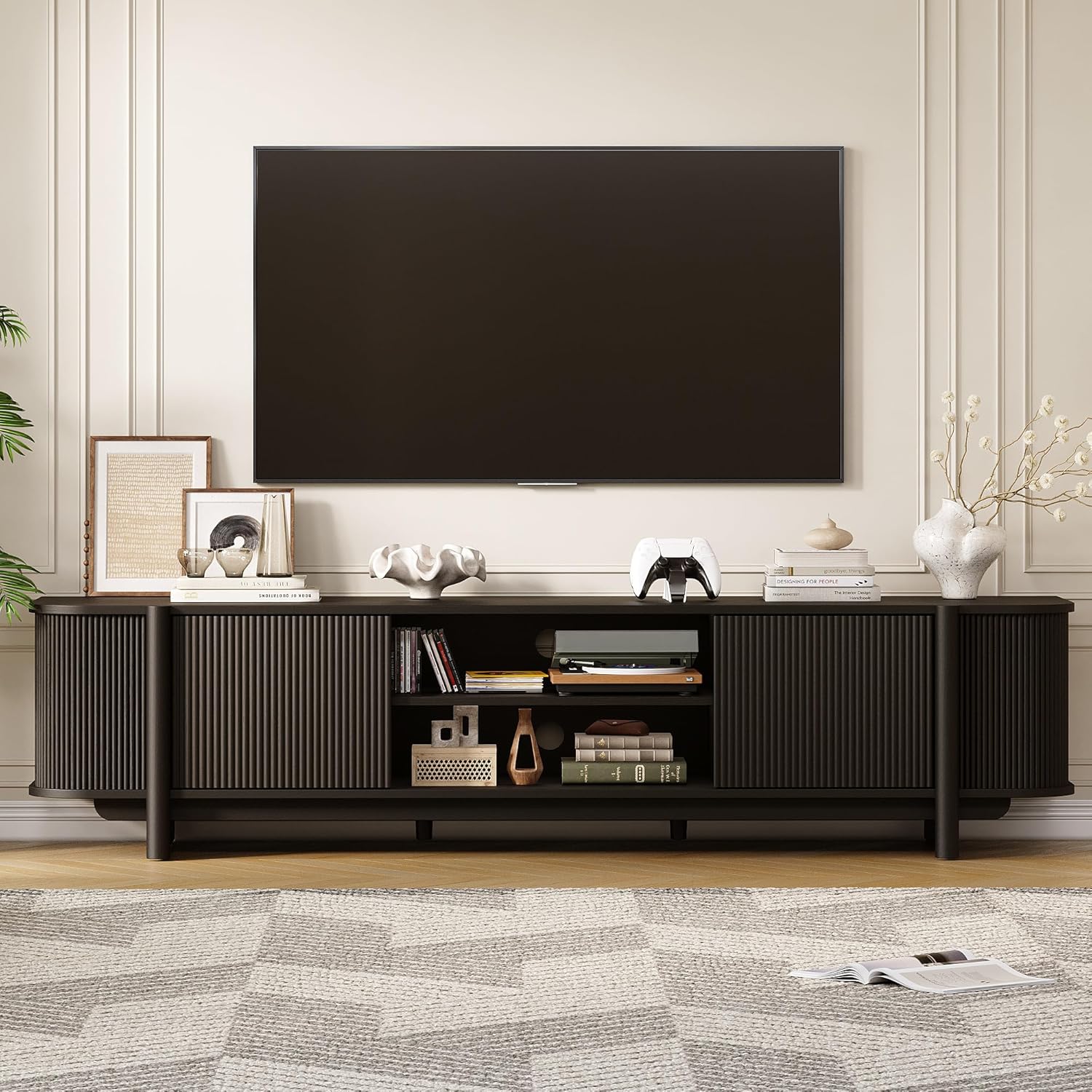 Vabches 70" Mid Century TV Stand for TVs up to 80 Inch,Fluted Entertainment Center with Storage and Adjustable Shelves,Modern Media Console Table for Living Room,Bedroom,Black