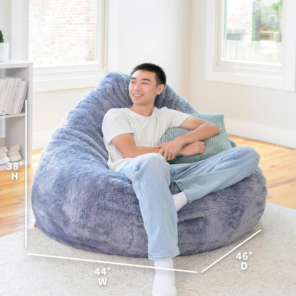 Big Joe Lotus Foam Filled Teardrop Bean Bag Chair with Removable Cover, Stone Short Shag, Soft Faux Fur, 4 feet Big