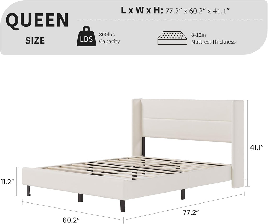 Garvee Queen Size Bed Frame with Wingback Headboard, Velvet Upholstered Platform Bedframe with Wood Slats, No Box Spring Needed, Easy Assembly, Beige
