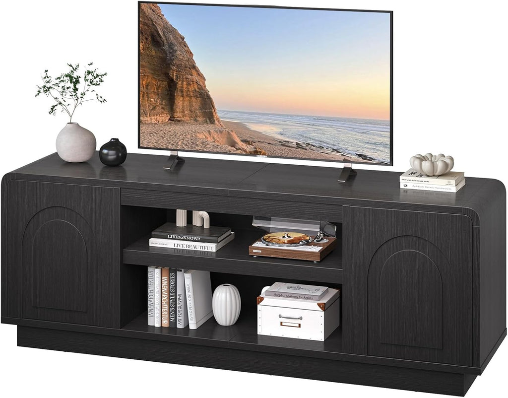 Bestier 63" Mid Century Modern TV Stand for Living Room, Wood Media Console Cabinet for TVs up to 70", Entertainment Center with 2 Arched Doors, Adjustable Shelves & 6 Cable Holes, Black