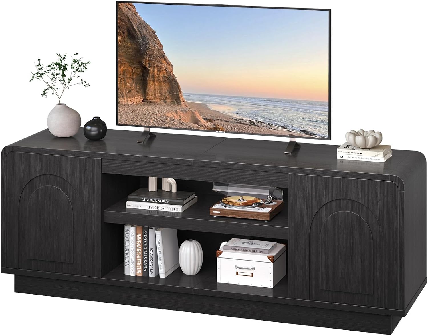 Bestier 63" Mid Century Modern TV Stand for Living Room, Wood Media Console Cabinet for TVs up to 70", Entertainment Center with 2 Arched Doors, Adjustable Shelves & 6 Cable Holes, Black