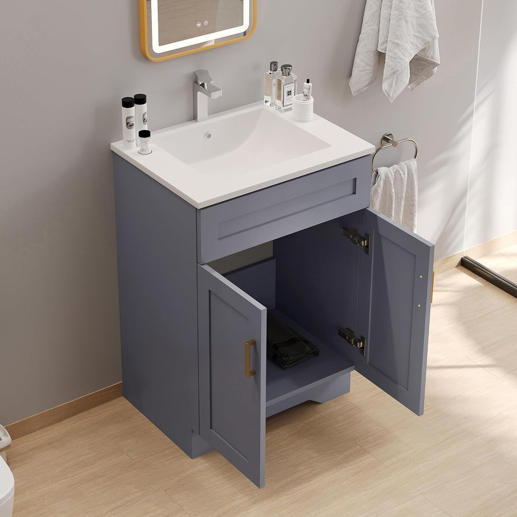 24 Inch Bathroom Vanity with Sink, Bathroom Storage Vanity Cabinet for Small Space, Bathroom Vanity with 2 Doors and 1 Drawer, Modern Freestanding Vanity Sink (Grey)