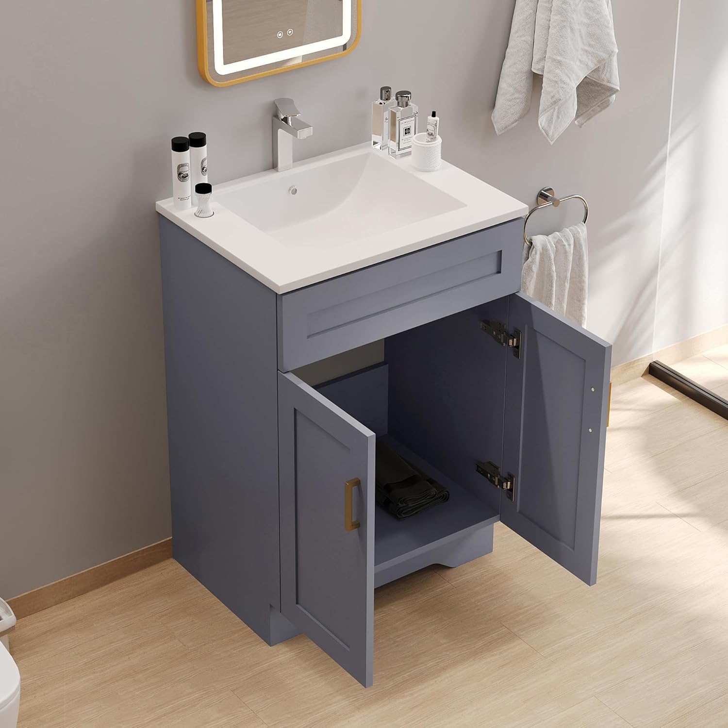 24 Inch Bathroom Vanity with Sink, Bathroom Storage Vanity Cabinet for Small Space, Bathroom Vanity with 2 Doors and 1 Drawer, Modern Freestanding Vanity Sink (Grey)