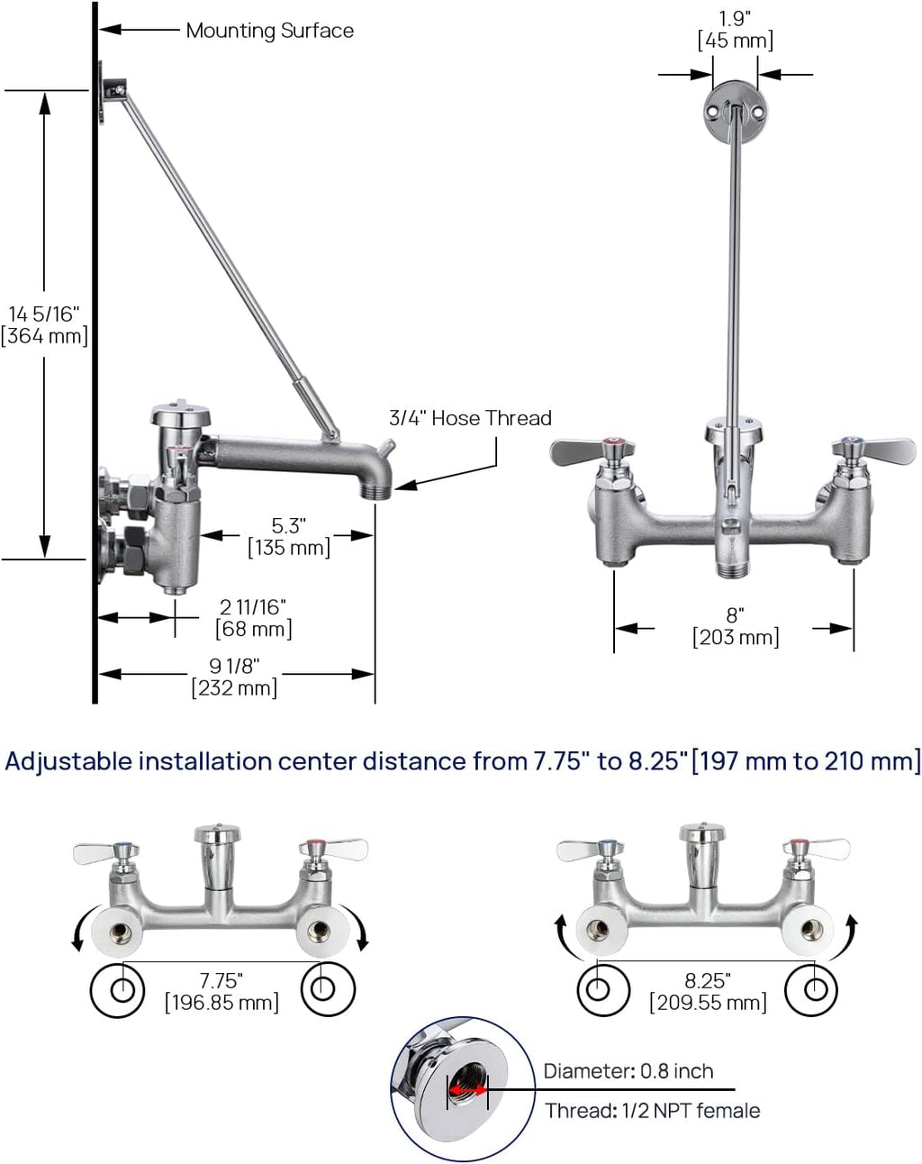 Commercial Mop Sink Faucet 8" Center Wall Mount, Heavy-Duty Service Sink Faucet with Vacuum Breaker 3/4" Hose Thread, for Industrial Outdoor Janitor Floor Mop Sink, Brass Casted Chrome Finish
