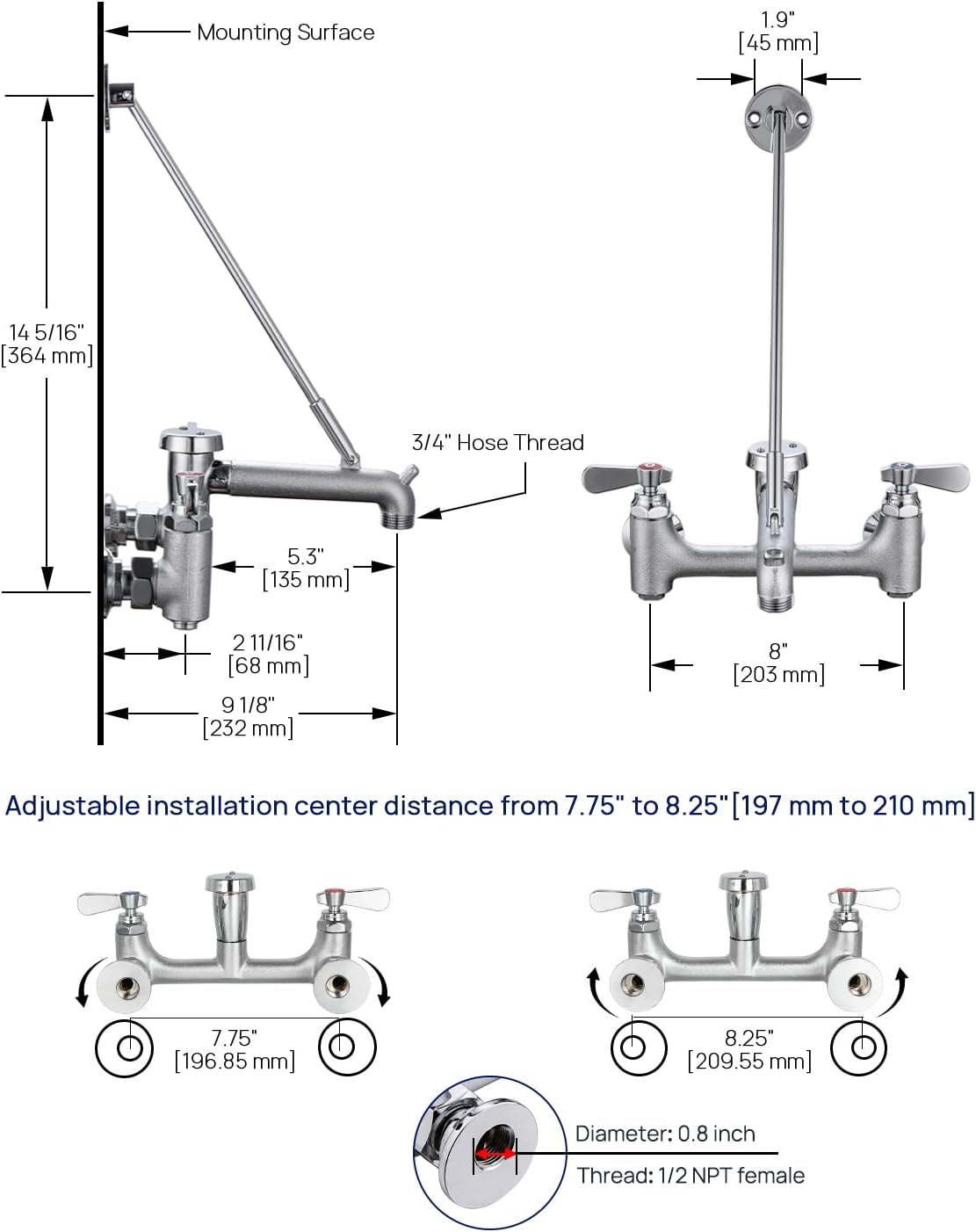 Commercial Mop Sink Faucet 8" Center Wall Mount, Heavy-Duty Service Sink Faucet with Vacuum Breaker 3/4" Hose Thread, for Industrial Outdoor Janitor Floor Mop Sink, Brass Casted Chrome Finish