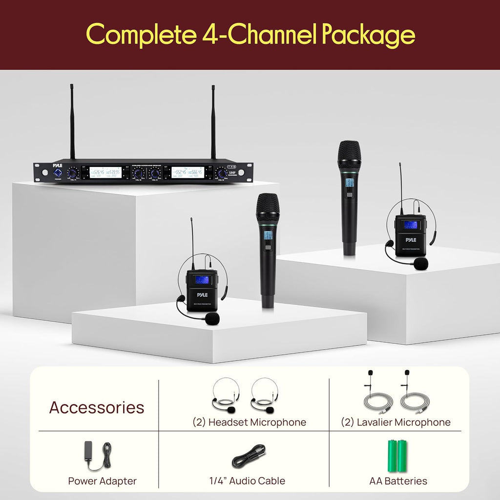 Pyle 4 Channel UHF Wireless Microphone System with 2 Handheld Mics, 2 Lavalier 2 Headsets & Beltpack Transmitters, 300ft Range, Rack Mount Receiver for Church, Meetings, DJ & PA Systems