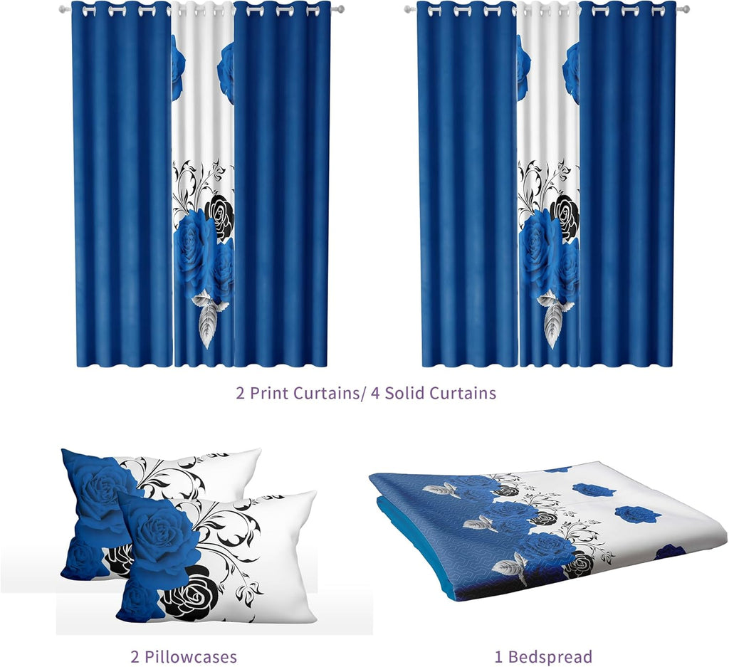 Deepsleep Queen Size Quilt Set 9 Pieces with Matching Curtain, with 2 Pillowcases and 6 Curtains for Bedroom, Machine Washable Microfiber Bedding Set for All Season, Blue Rose