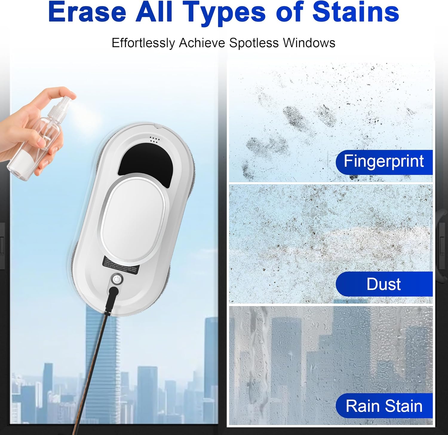 Automatic Window Cleaning Robot,Smart Robot Window Cleaner Inside/Outside,3000Pa Suction,Edge Detection,Intelligent Path Planning,Remote Control for high Glass,Shower,Mirror with 10 Rags(White)