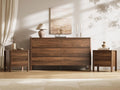 MAISONARIA Walnut 3-Piece Dresser Bedroom Set, 6 Drawers Dresser & 2 Drawer Nightstands with Hidden Handles, Wood Chest of Drawers for Bedroom, Living Room, Entryway