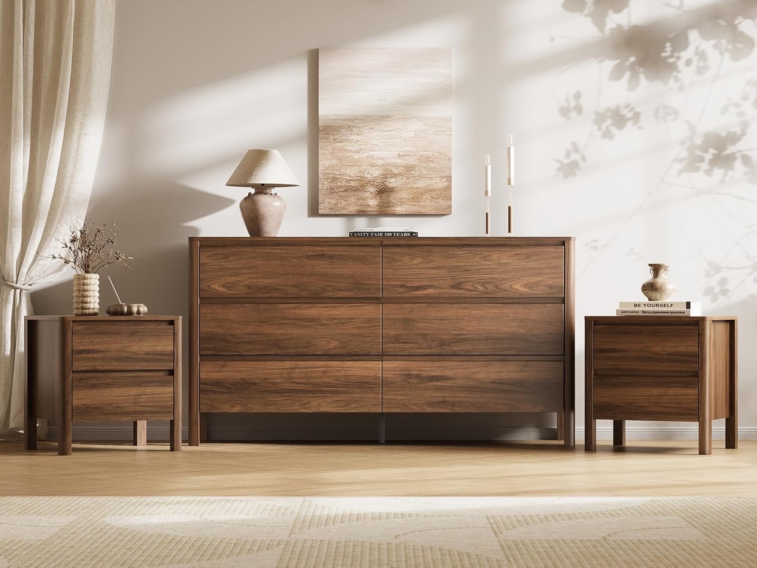 MAISONARIA Walnut 3-Piece Dresser Bedroom Set, 6 Drawers Dresser & 2 Drawer Nightstands with Hidden Handles, Wood Chest of Drawers for Bedroom, Living Room, Entryway