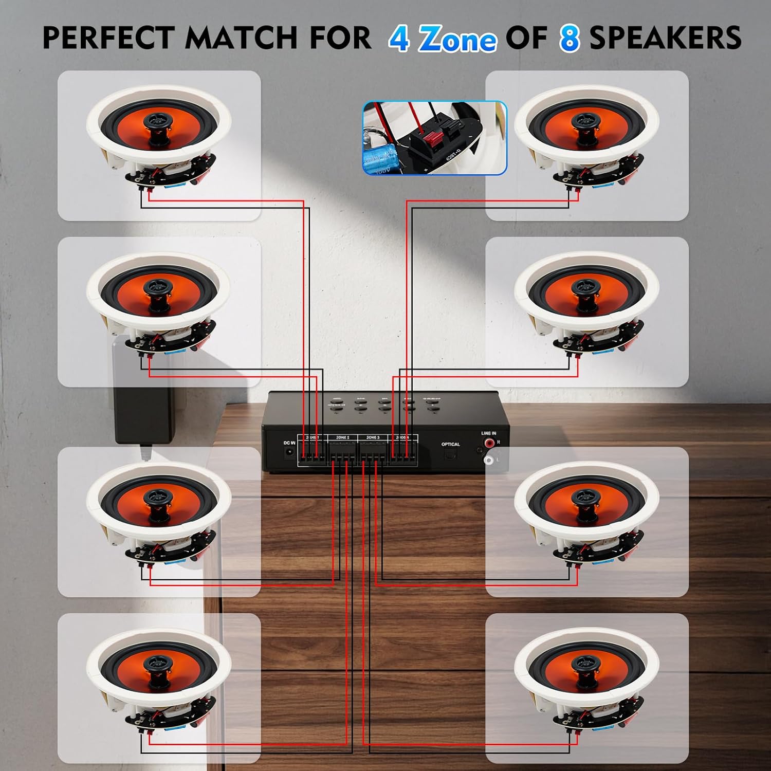 STUDIOFINIX 6.5 Inch Bluetooth 5.4 Ceiling Speakers with 4-Zone 8-Channel Amplifier,Independent Zone Volume Control for Home Theater, Studio,Multi-Room Audio System（8 Speakers）