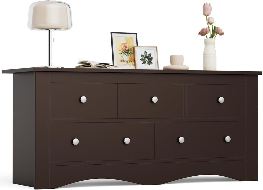 Furmax Dresser for Bedroom, 5 Wood Dresser, Chest of Drawers, for TV up to 65 inch, TV Stand Storage Chest of Drawers for Hallway Entryway (Brown)
