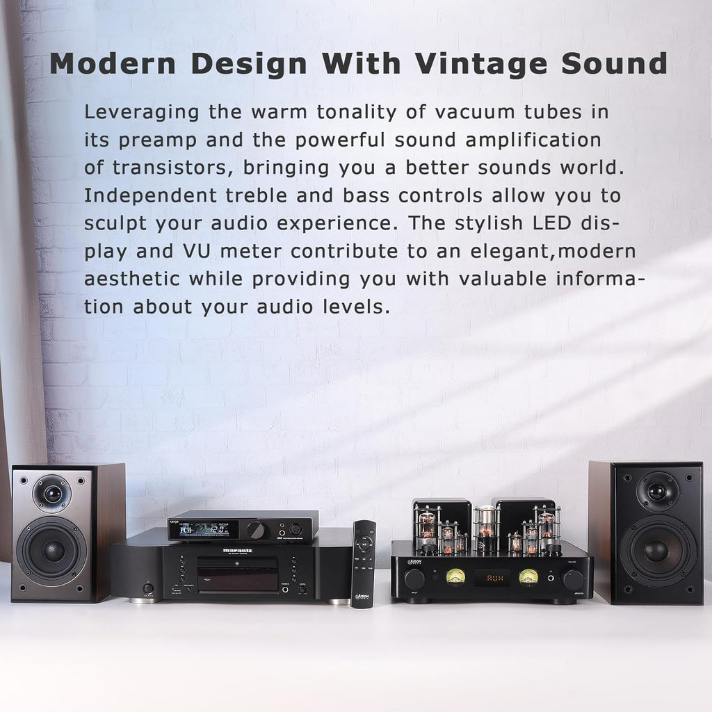 Juson Audio JTA100 2025 Version 200W Vacuum Tube Amplifier Integrated Hybrid with BT 5.0 Optical AUX RCA Phono Input and Headphone Output 2.1CH Class AB HiFi Home Audio for Turntable