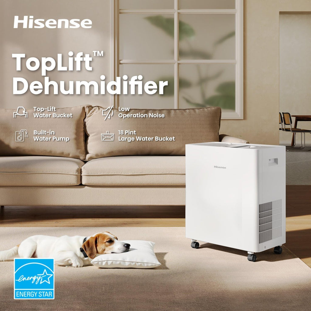 Hisense 50 Pint Lift-Up Portable Dehumidifier with Built-In Pump in White, Energy Efficient Quiet Moisture Extractor for Bathroom Bedroom Garage Attic Home House Crawl Space