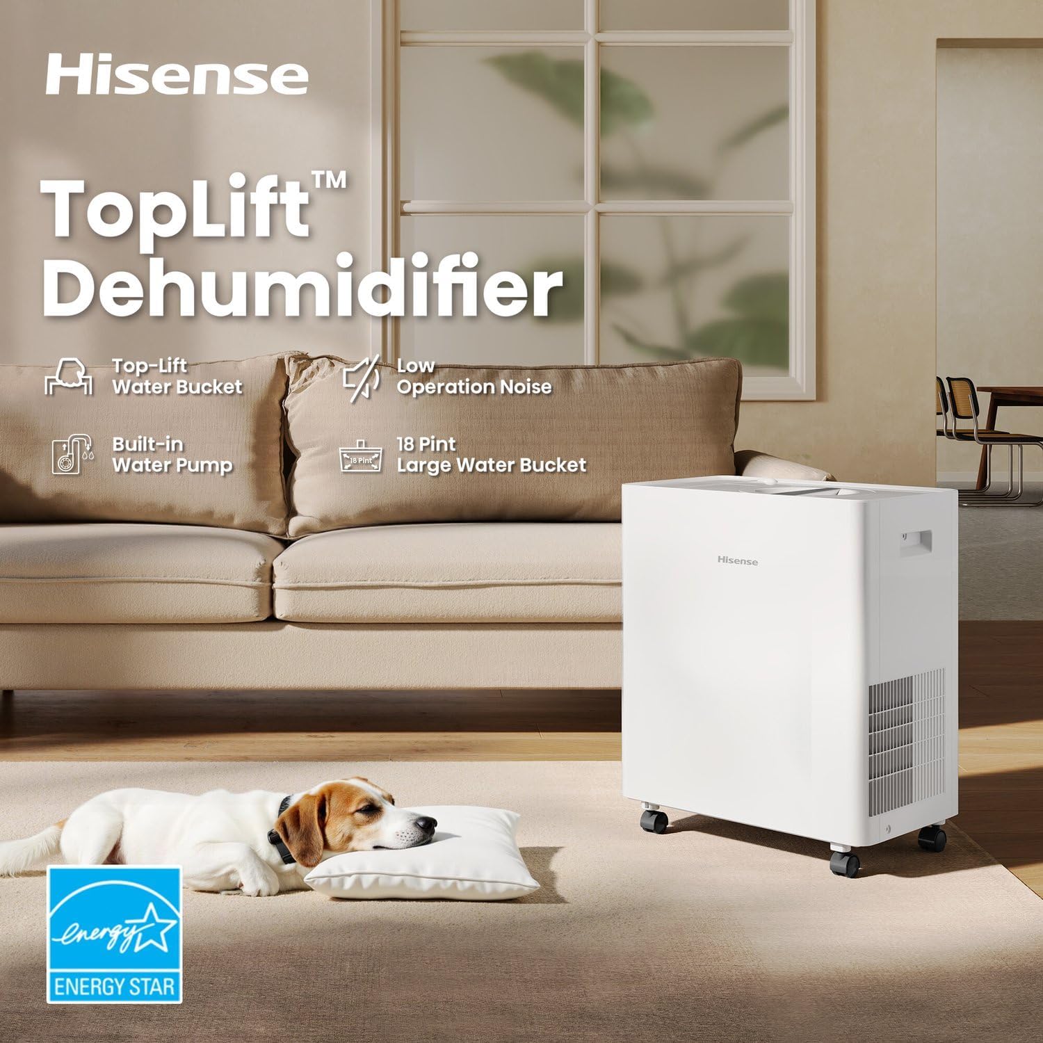 Hisense 50 Pint Lift-Up Portable Dehumidifier with Built-In Pump in White, Energy Efficient Quiet Moisture Extractor for Bathroom Bedroom Garage Attic Home House Crawl Space