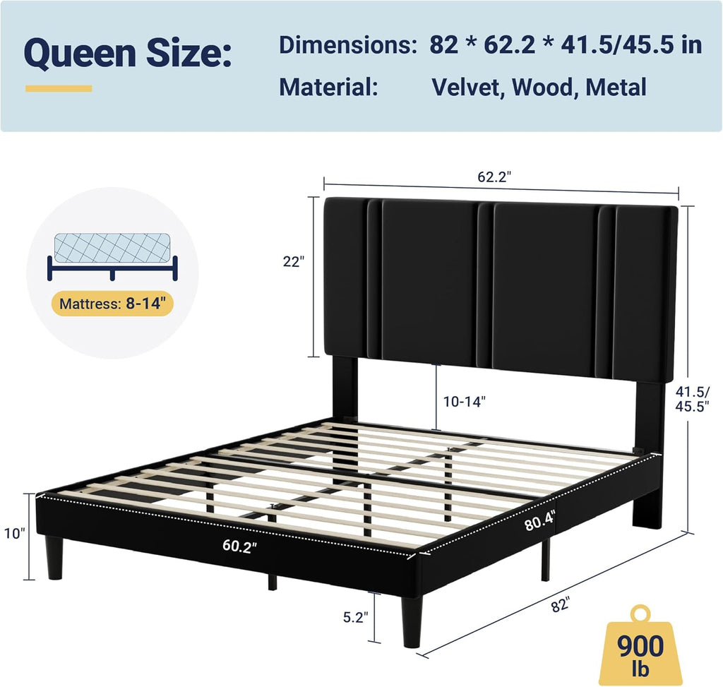 Allewie Queen Platform Bed Frame with Adjustable Headboard, Plush Velvet Upholstered, Vertical Channel Tufted, Sturdy Wooden Slats, No Box Spring Needed, Easy Assembly, Black