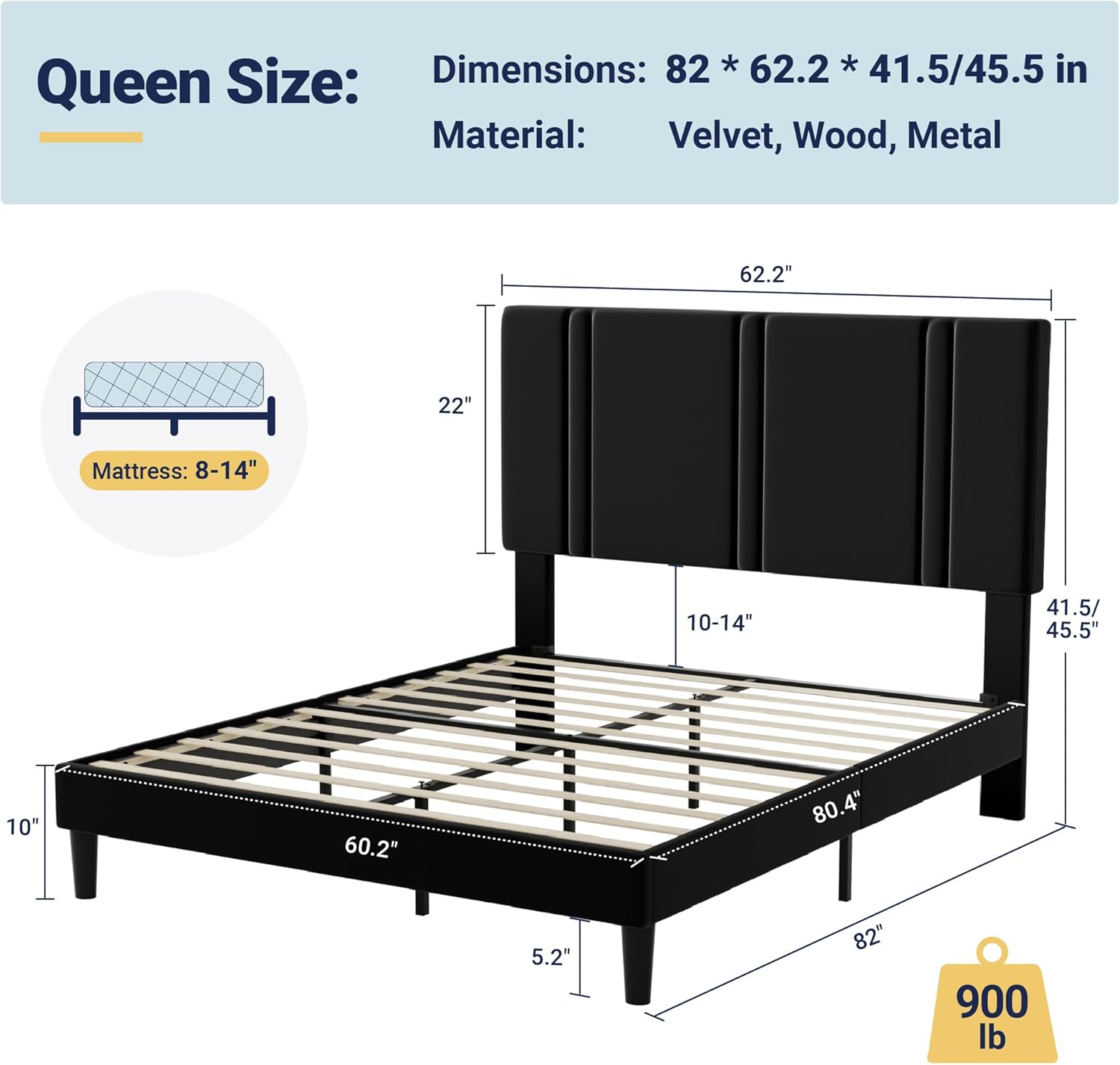 Allewie Queen Platform Bed Frame with Adjustable Headboard, Plush Velvet Upholstered, Vertical Channel Tufted, Sturdy Wooden Slats, No Box Spring Needed, Easy Assembly, Black