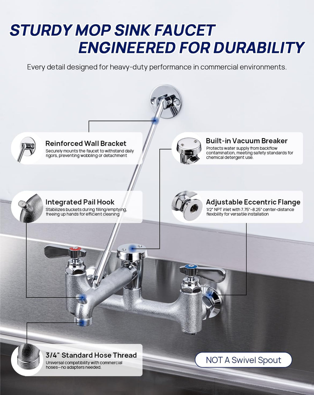Commercial Mop Sink Faucet 8" Center Wall Mount, Heavy-Duty Service Sink Faucet with Vacuum Breaker 3/4" Hose Thread, for Industrial Outdoor Janitor Floor Mop Sink, Brass Casted Chrome Finish