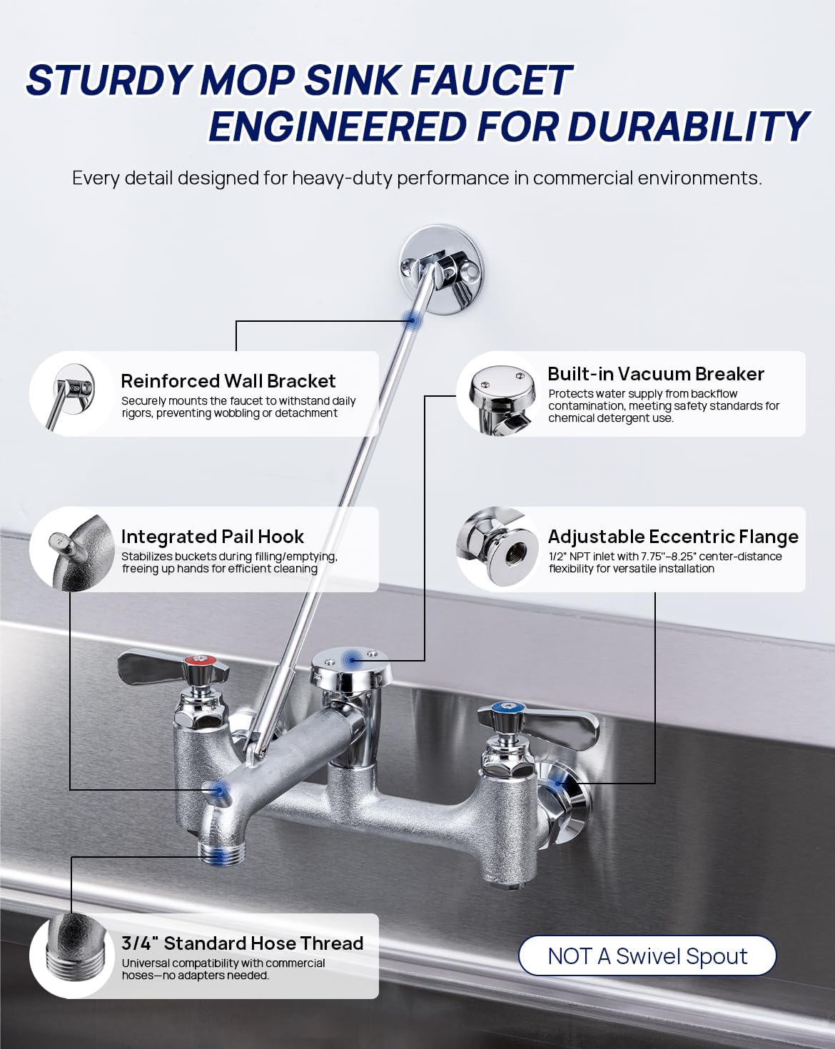 Commercial Mop Sink Faucet 8" Center Wall Mount, Heavy-Duty Service Sink Faucet with Vacuum Breaker 3/4" Hose Thread, for Industrial Outdoor Janitor Floor Mop Sink, Brass Casted Chrome Finish